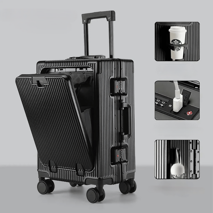 Innovative hard-shell carry-on luggage. Includes smart tech, spinner wheels, and a front access compartment.