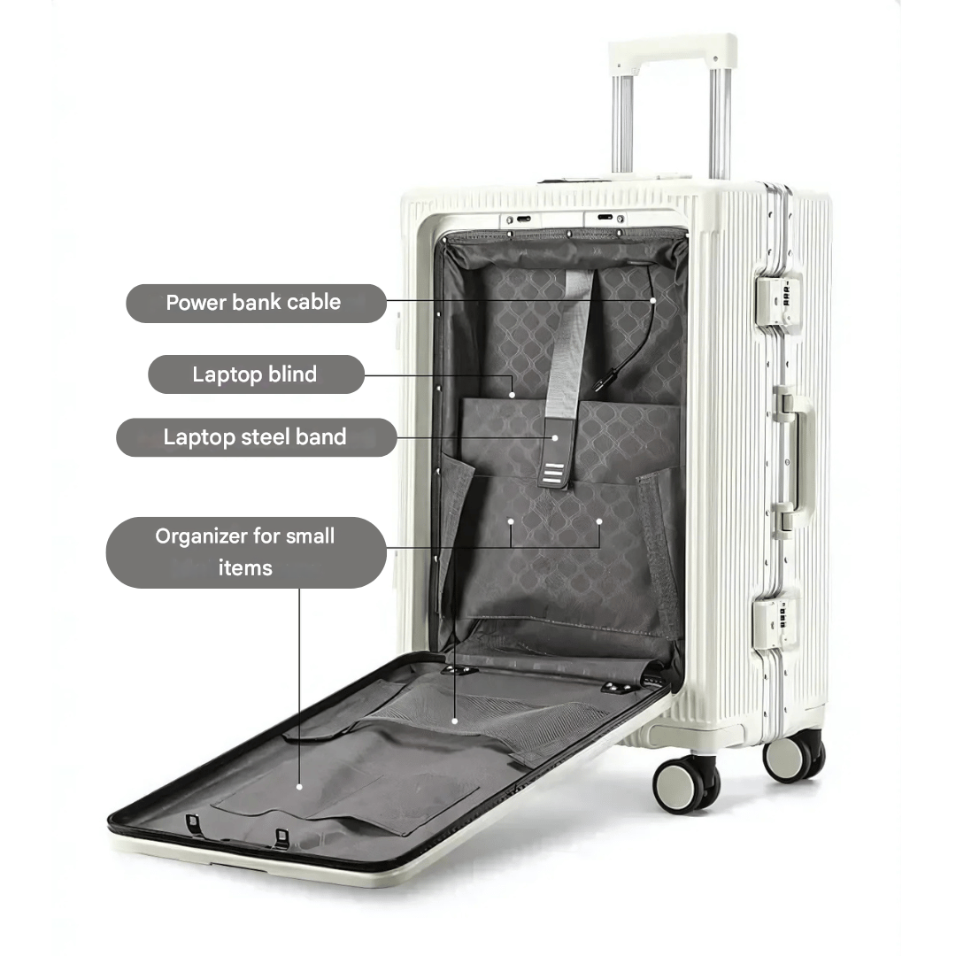 Compact hard-shell carry-on for short trips. With smooth spinner wheels and integrated smart tech.