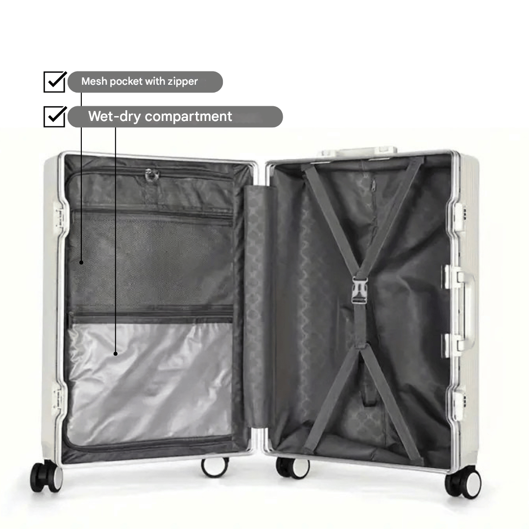 Business travel carry-on suitcase. Hard-shell, silent spinner wheels, and easy-access front pocket.