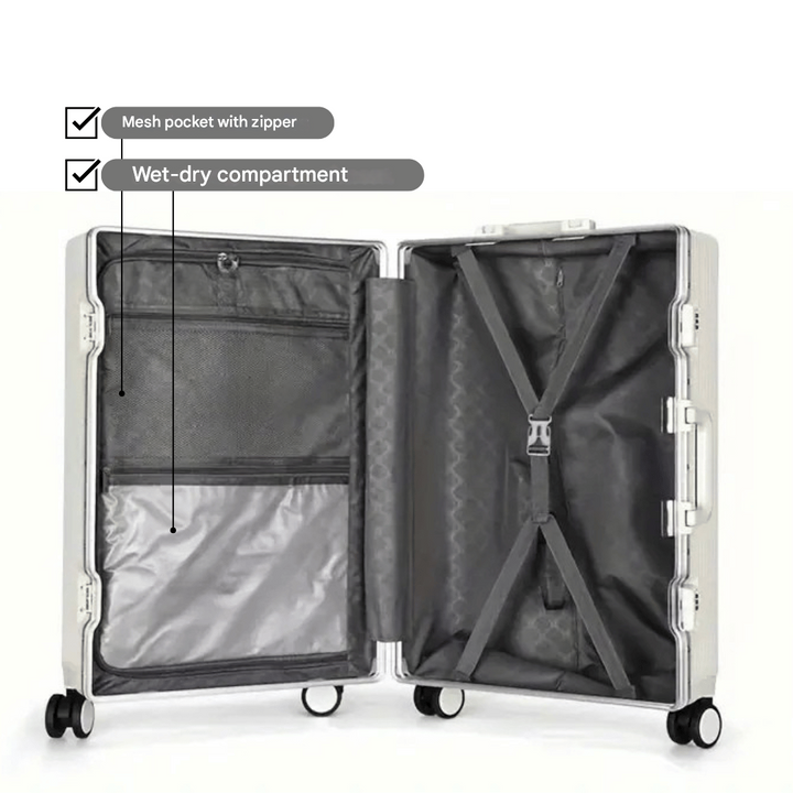 Business travel carry-on suitcase. Hard-shell, silent spinner wheels, and easy-access front pocket.