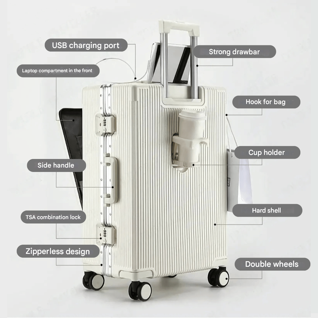 Smart carry-on suitcase with hard-shell, secure TSA lock, and front pocket for quick access.