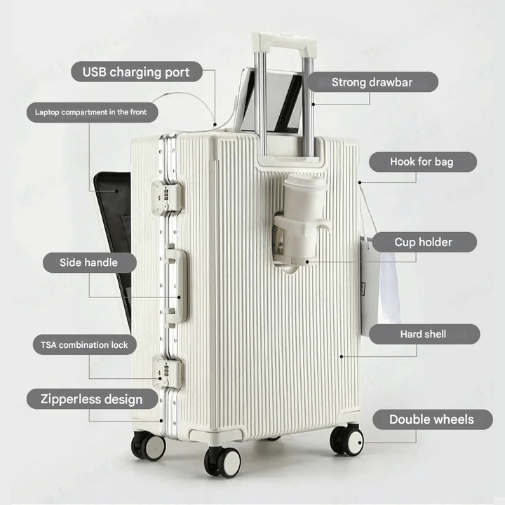 Smart carry-on suitcase with hard-shell, secure TSA lock, and front pocket for quick access.