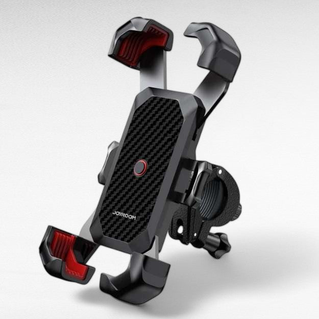Smartphone securely held in a unisex bike phone mount on a handlebar, perfect for GPS navigation & outdoor cycling.