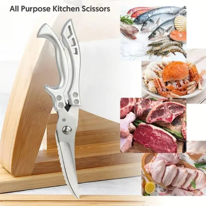 Durable stainless steel kitchen scissors with sharp blades for heavy-duty food preparation and scaling fish.