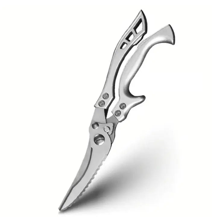 Universal kitchen shears in stainless steel, effortlessly cutting chicken, vegetables, and preparing meals.