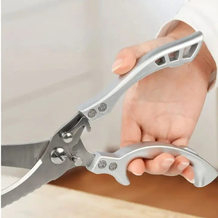 Sharp, heavy-duty stainless steel kitchen shears with a built-in fish scaler for versatile cooking tasks.