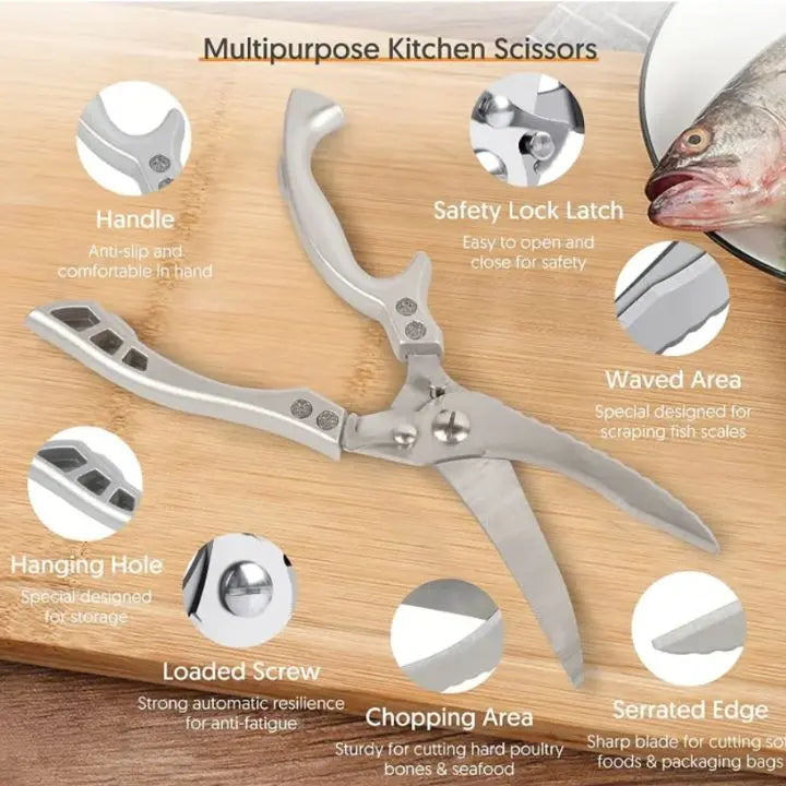 Multipurpose stainless steel kitchen shears, perfect for all your cooking tools & food preparation needs.