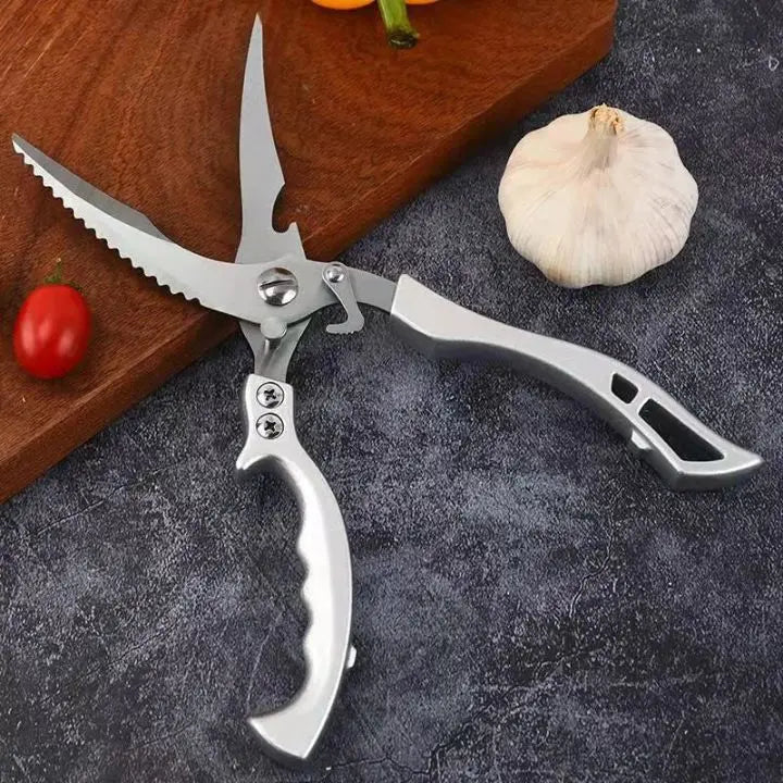 Easy-grip stainless steel kitchen shears for durable, precise cutting of poultry, fish, and various foods.