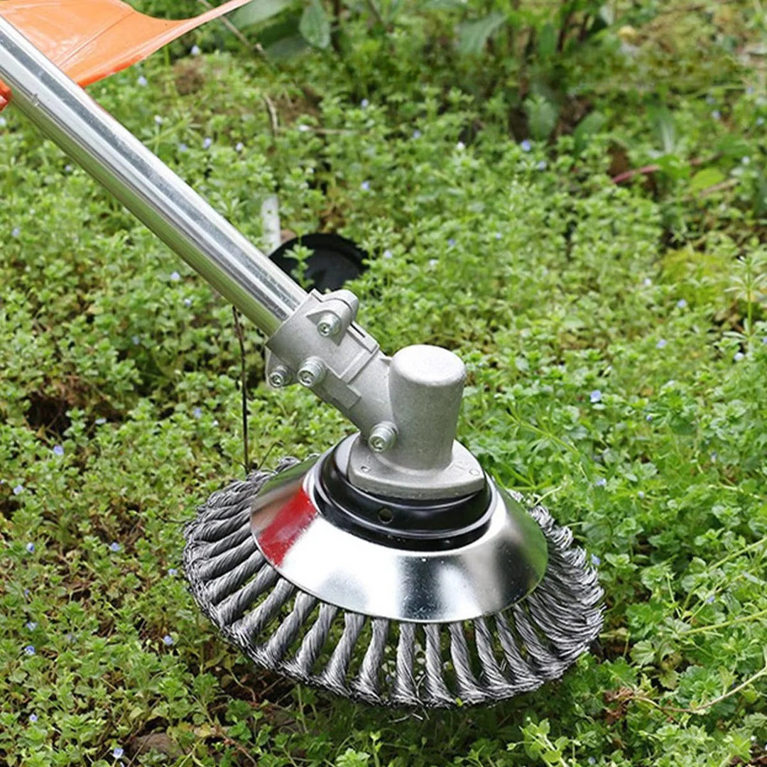 Heavy-duty steel wire brush cutter head for trimmers, ideal for tough weed removal & yard maintenance.