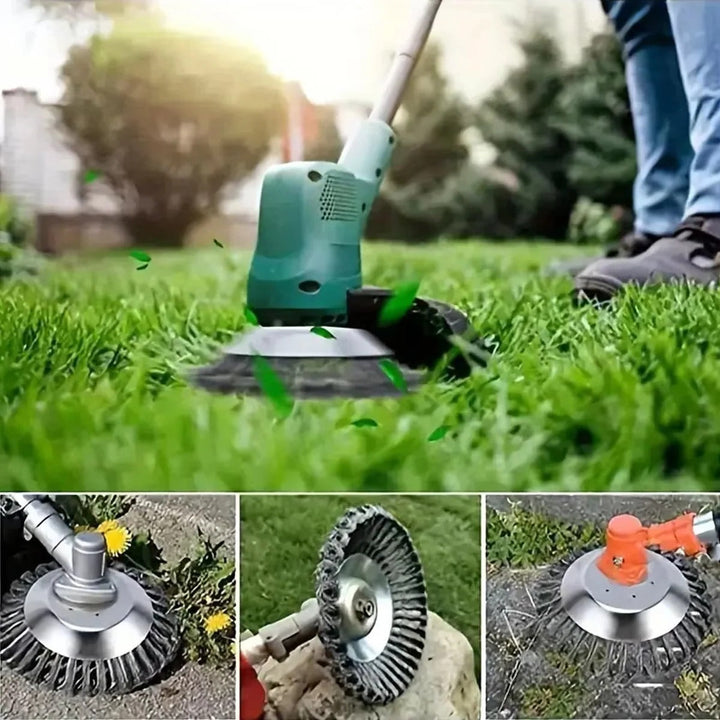 Universal 6/8 inch steel wire brush cutter head, perfect for weed & moss removal with your trimmer.