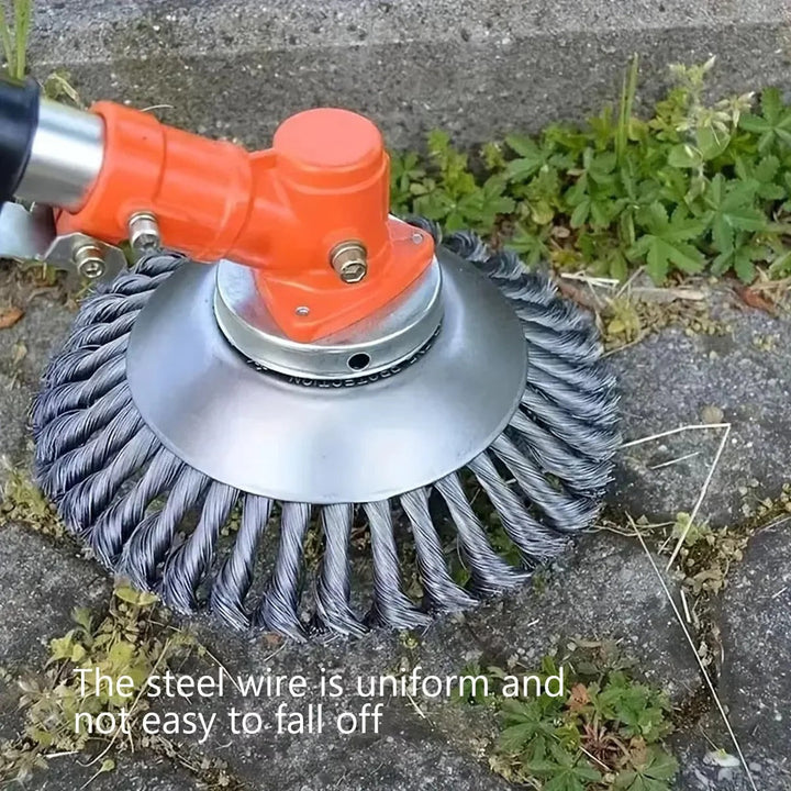 Durable steel wire brush cutter head for trimmers, designed for heavy-duty outdoor cleaning & rust removal.
