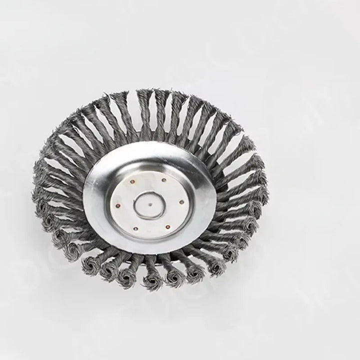 Universal 6/8 inch steel wire trimmer head, perfect for heavy-duty brush cutting, weed & rust removal.