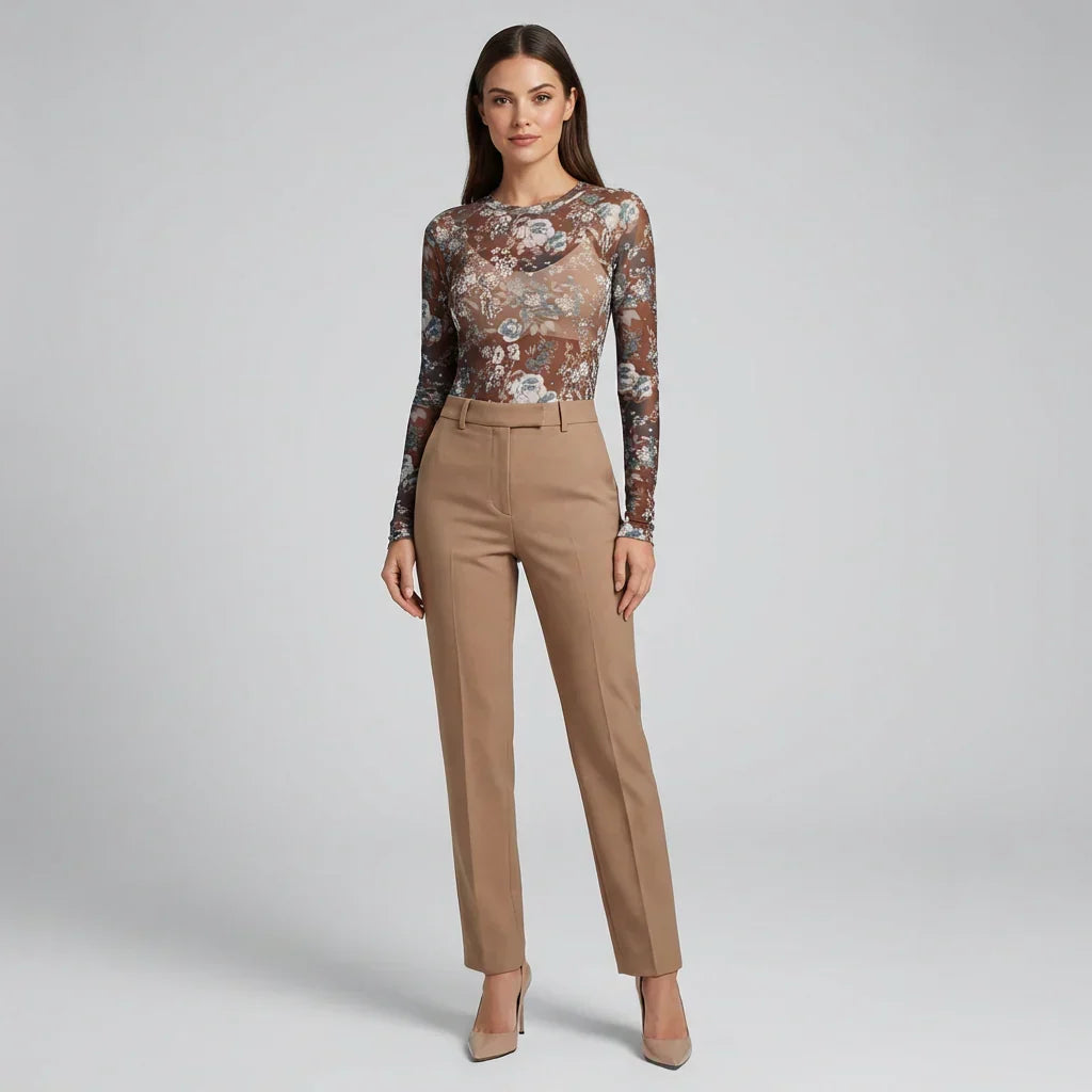 Women's elegant sheer patterned long sleeve top, perfect for evening outings & party wear. Slim fit, chic fashion blouse.