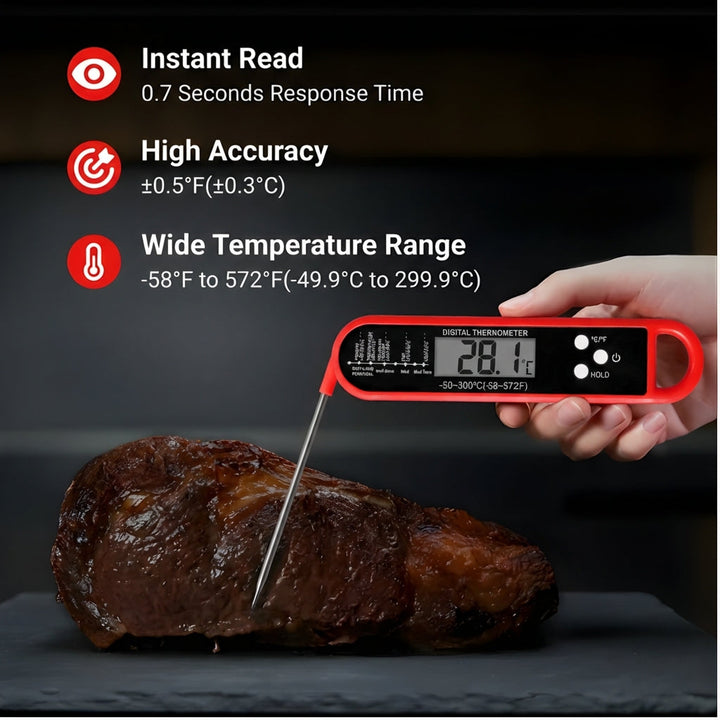 Accurate digital instant-read meat thermometer for kitchen cooking, grilling, and baking. Essential food safety tool.