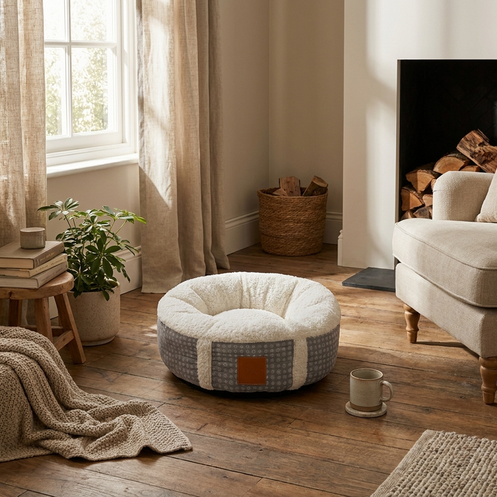 Super-soft calming pet nest for cozy winter sleep. Plush dog or cat bed, washable, perfect for small indoor pets.