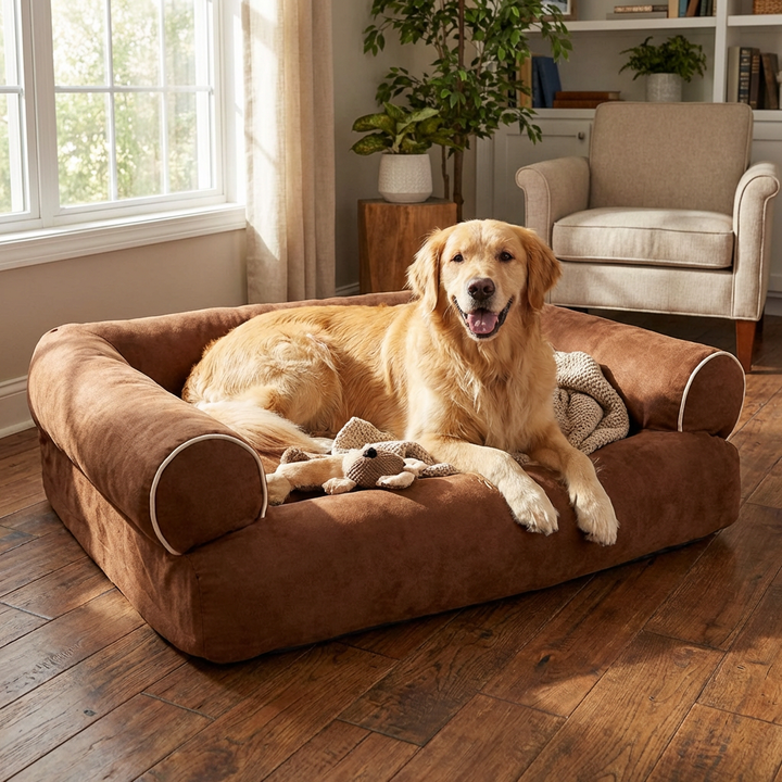 Elegant luxury dog sofa, a plush pet couch offering comfortable support for small to large dogs. Durable pet furniture.