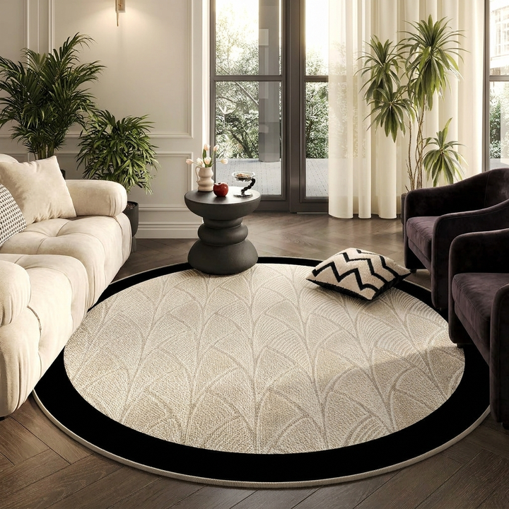 Artisan Blossom round rug with an elegant art deco blossom design. Easy clean, pet friendly, & stain resistant area rug.