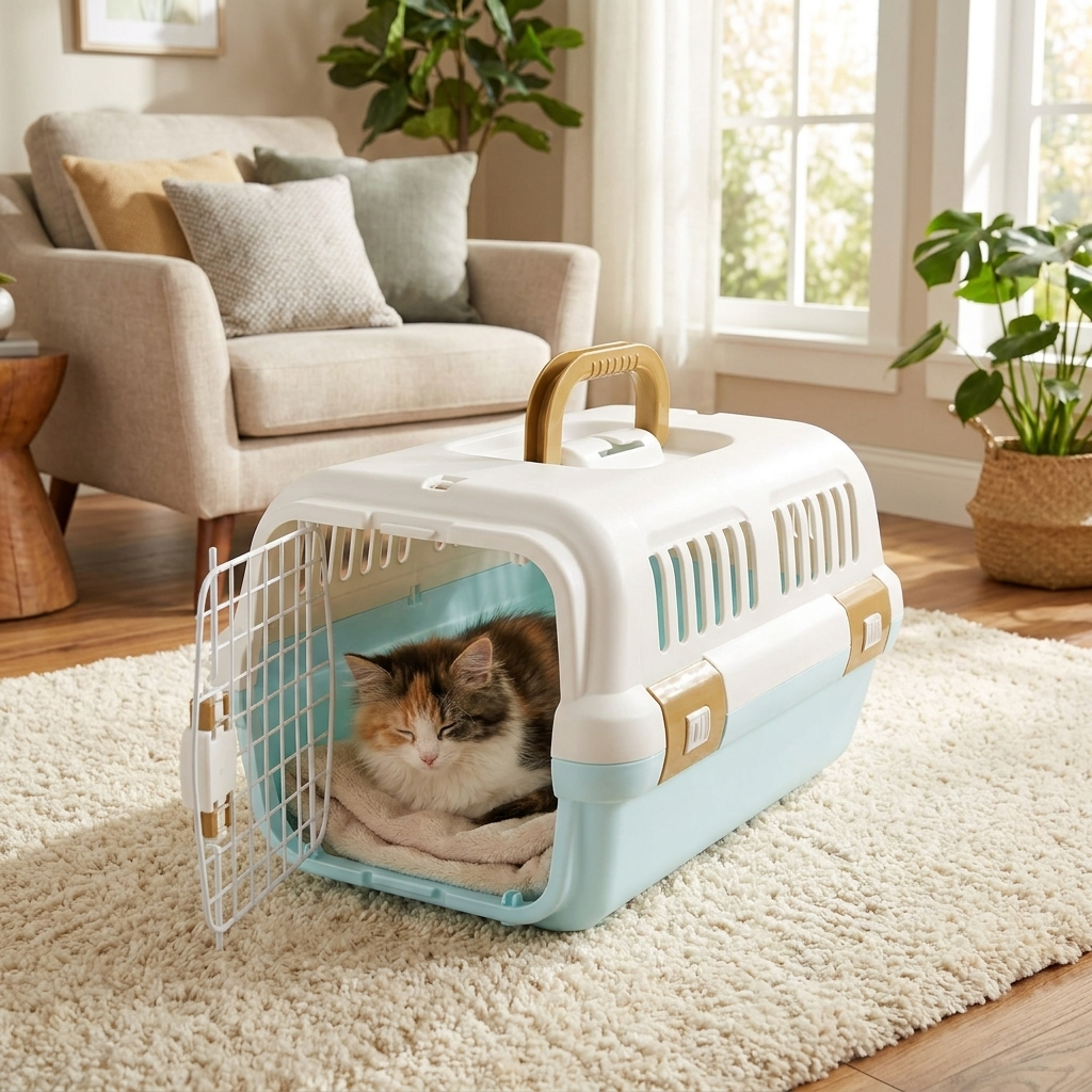Secure & breathable cat carrier with comfort pad, ideal for pet travel & vet visits. Lockable & safe.