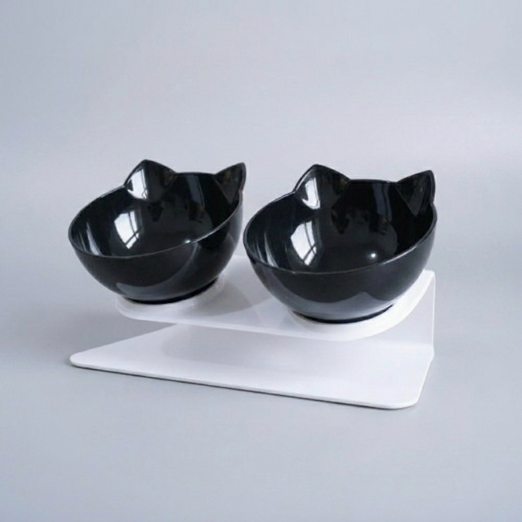 Anti-vomiting elevated cat bowls. Dual pet feeder promotes healthy eating, improved digestion, and neck comfort for felines.