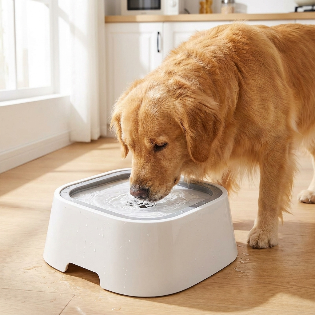 Black spill-proof dog water bowl for mess-free hydration at home, keeping floors clean & dry.