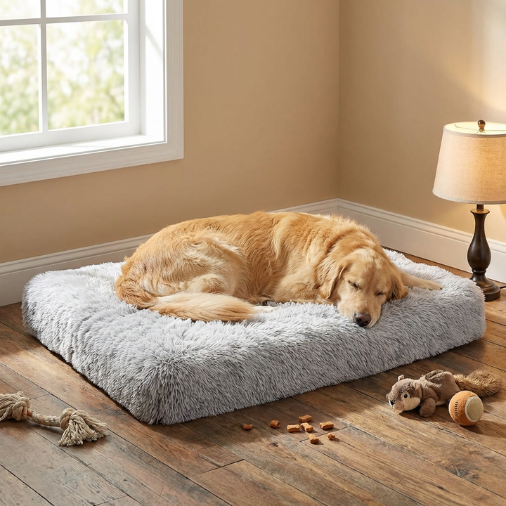 Unisex pet calming memory foam dog bed for anti-anxiety relief. Orthopedic support for better sleep. Removable cover.