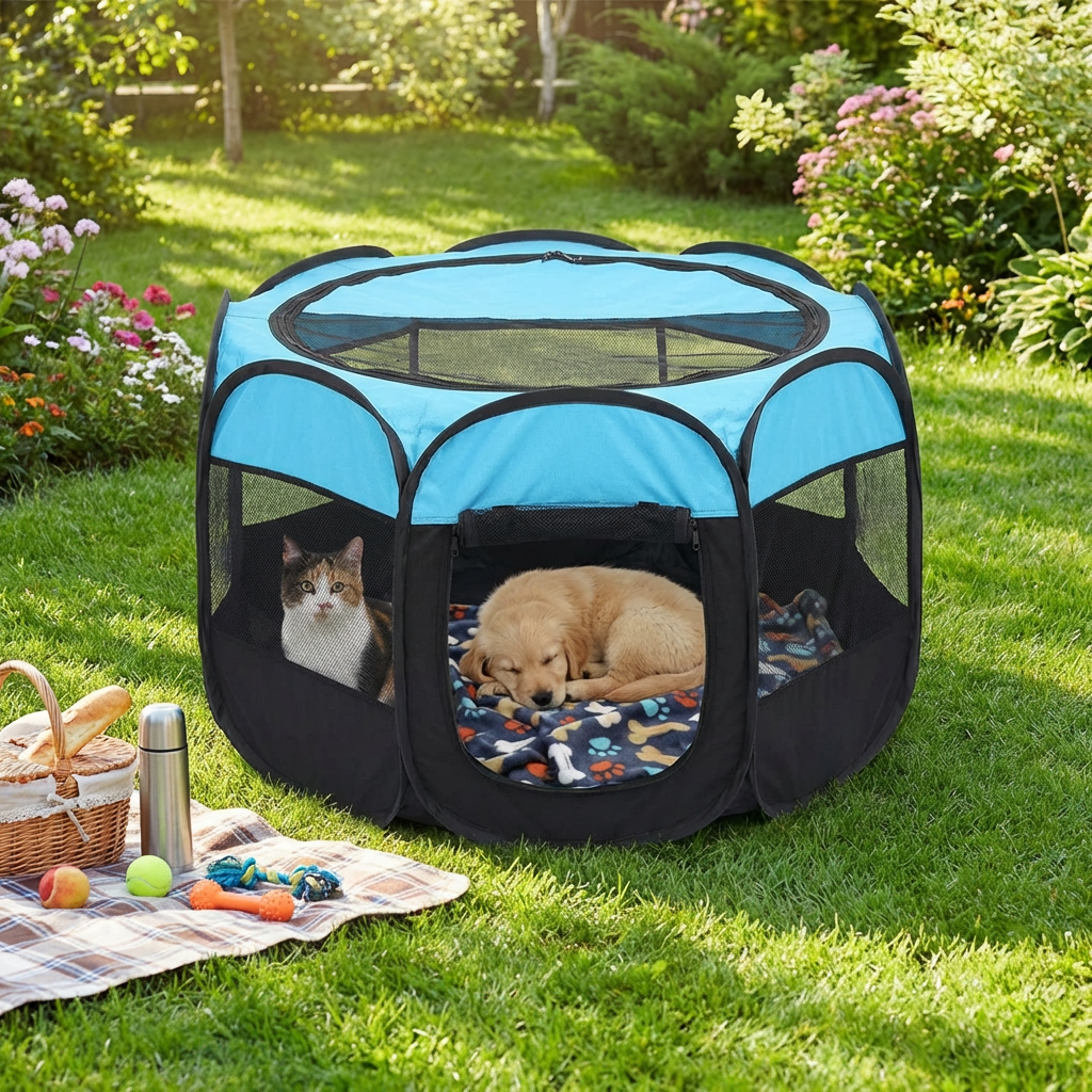 Foldable portable pet tent for travel, outdoor adventures. Lightweight dog house or cat bed, easy setup animal carrier.