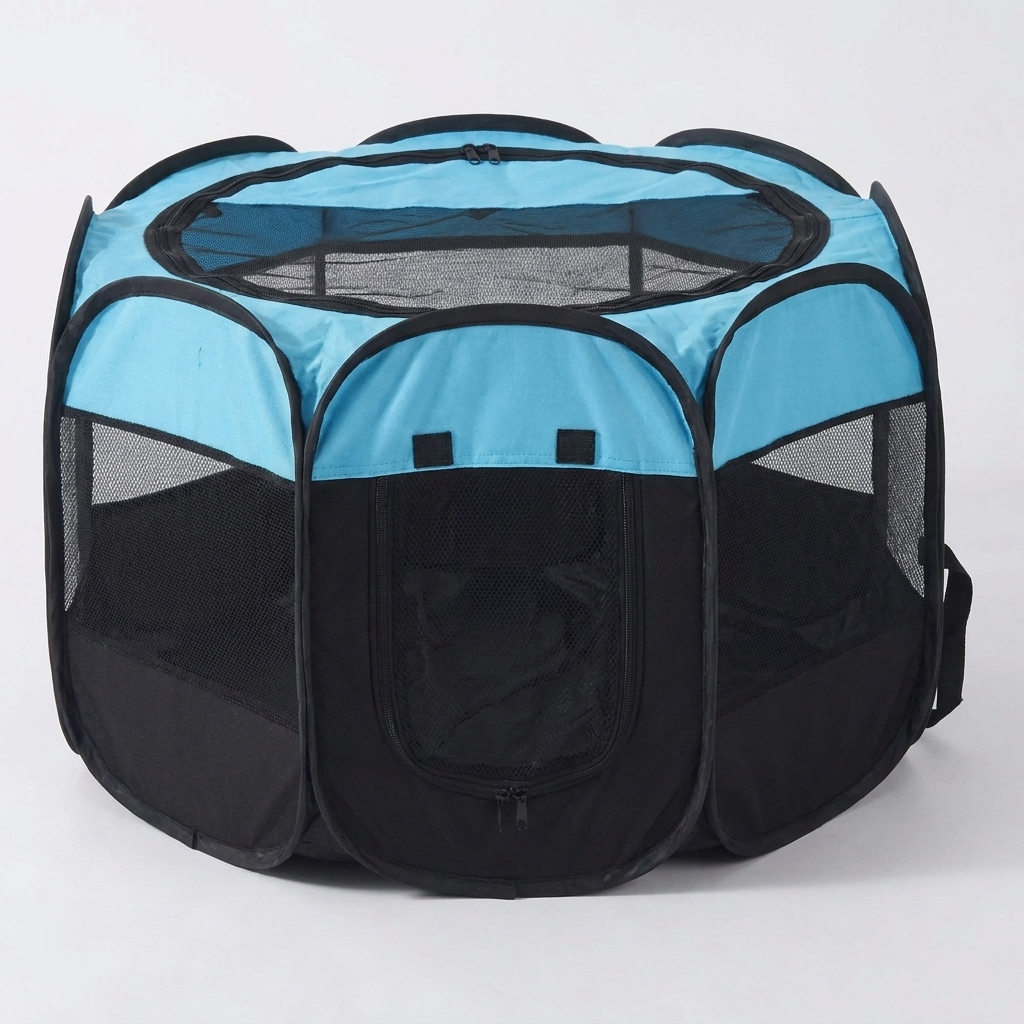 Comfortable outdoor pet tent, travel kennel for dogs & cats. Provides shelter & a cozy indoor pet home away from home.