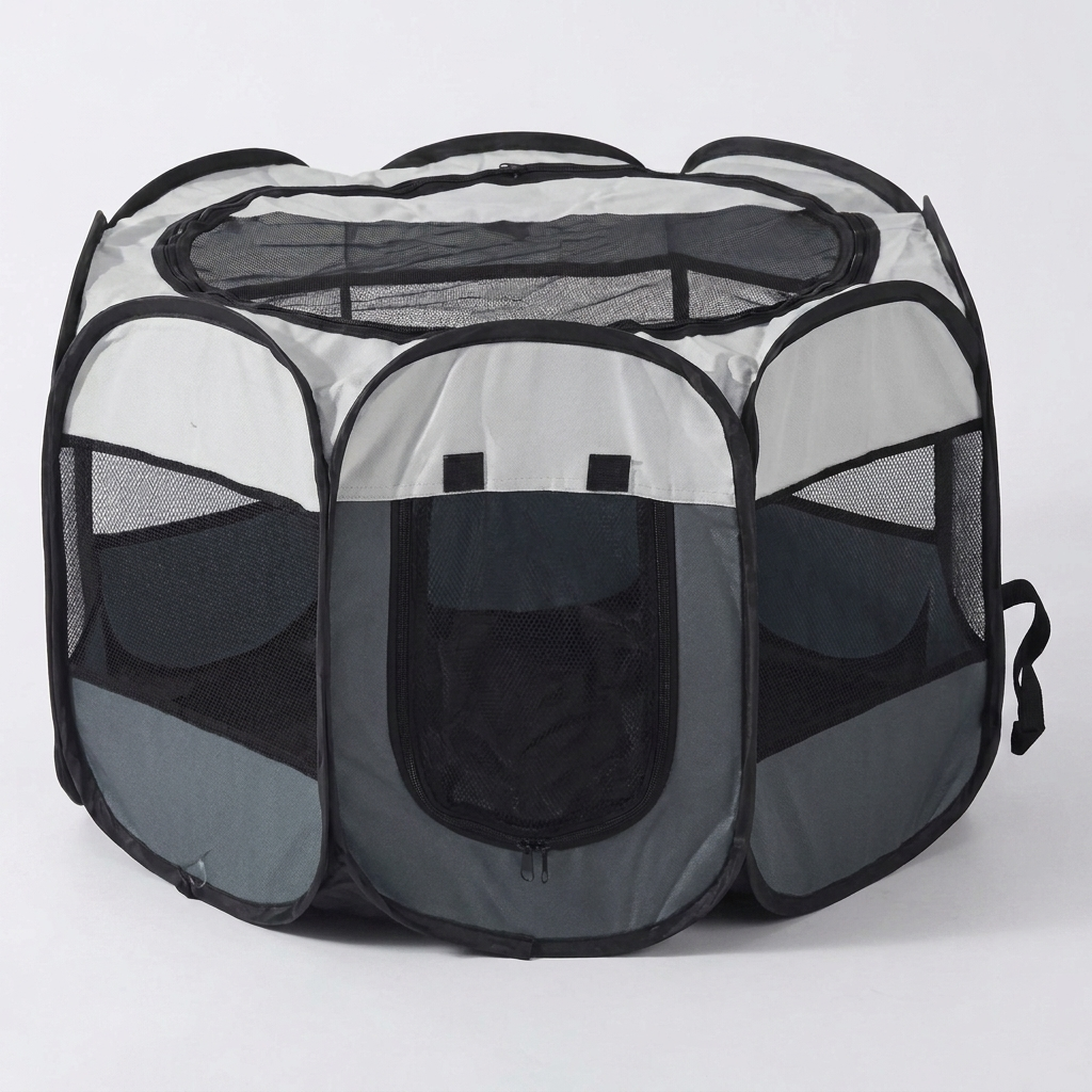 Spacious portable dog tent for travel, outdoor camping. Doubles as a comfortable dog house & secure animal carrier.