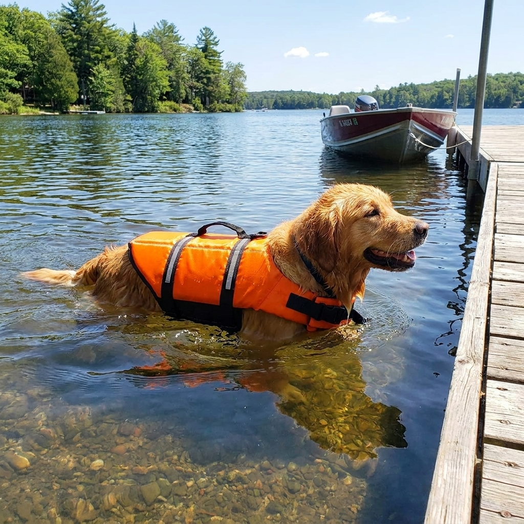 Bright orange dog life jacket with rescue handle & adjustable straps for pet water safety & comfort. Ideal for swimming.