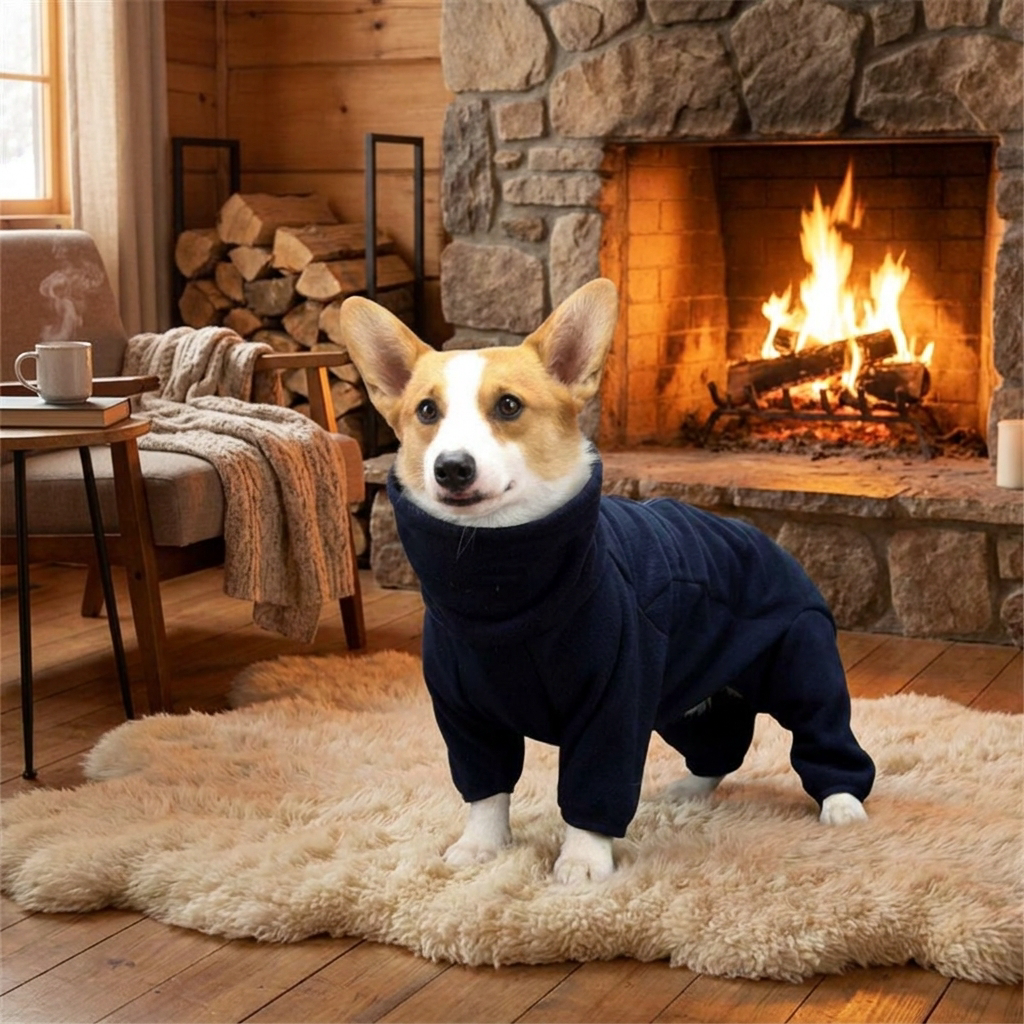 Cozy full-body dog fleece suit for ultimate warmth, perfect winter wear for small & large dogs. Soft pet apparel.