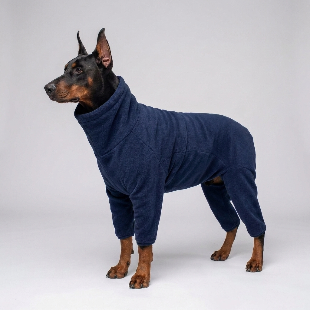 Full body dog fleece suit, a warm dog coat for winter. Soft pet apparel keeps dogs cozy and protected from cold.