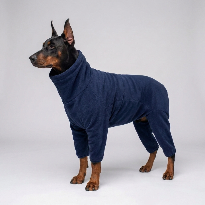 Full body dog fleece suit, a warm dog coat for winter. Soft pet apparel keeps dogs cozy and protected from cold.