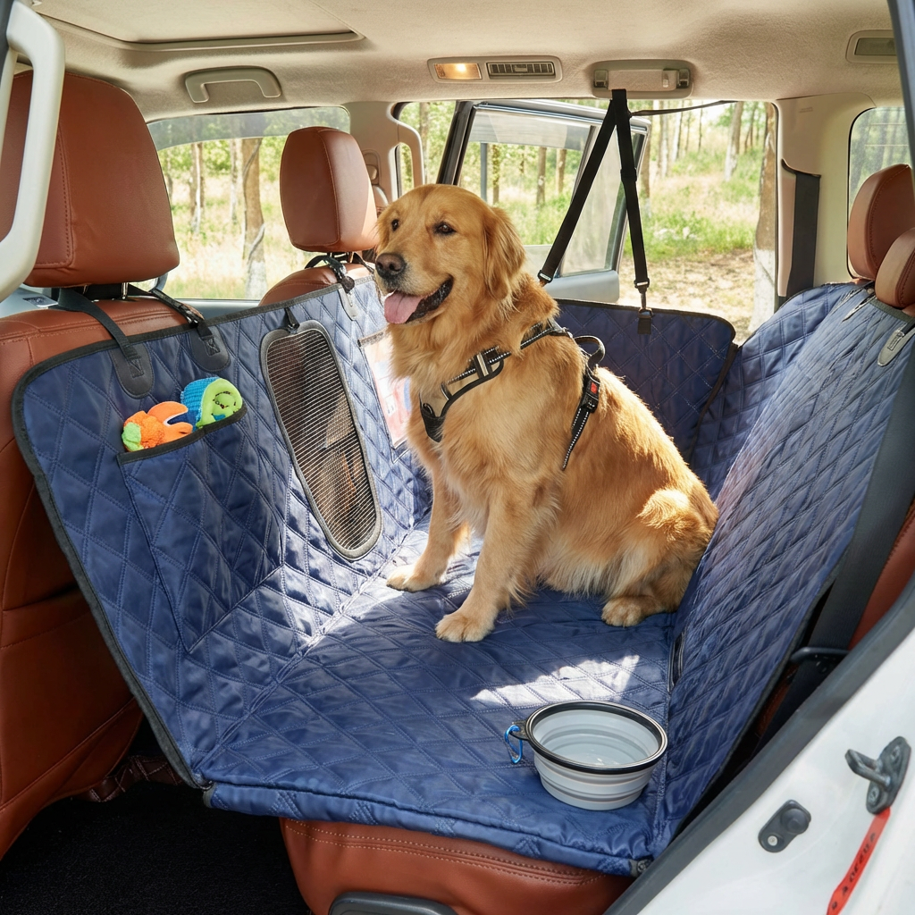 Waterproof, scratch-proof dog car seat cover. Durable pet travel protector for backseats, keeping vehicles clean & safe.