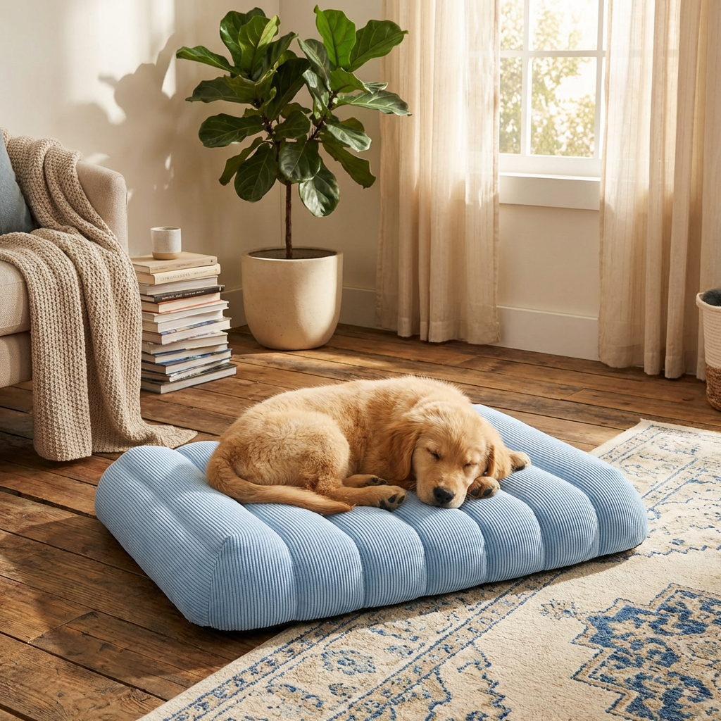 Large washable creamy flat dog bed for ultimate pet comfort. Cozy, durable, and easy to clean for big dogs.