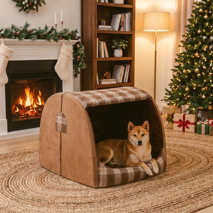 Cozy plaid house dog bed for small, medium & large pets. Washable, orthopedic pet house.