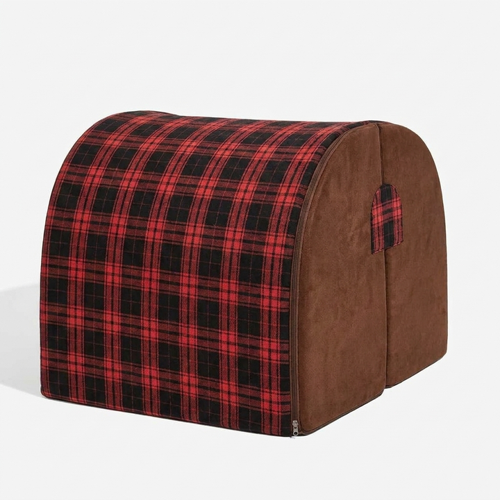 Red & brown plaid dog house bed, a cozy orthopedic pet bed for all dog sizes. Machine washable design.