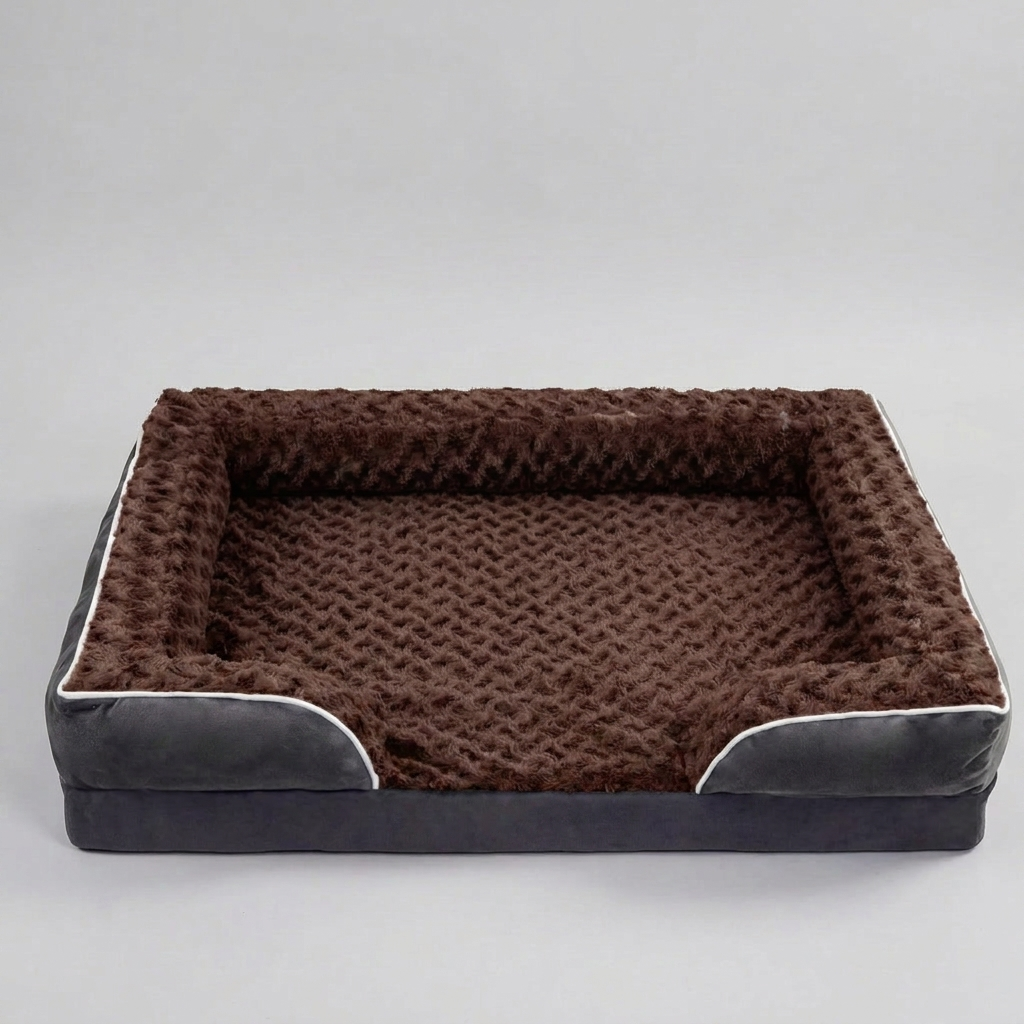 Small orthopaedic dog mattress with plush, supportive foam for joint care. Detachable, washable, water-resistant cover.