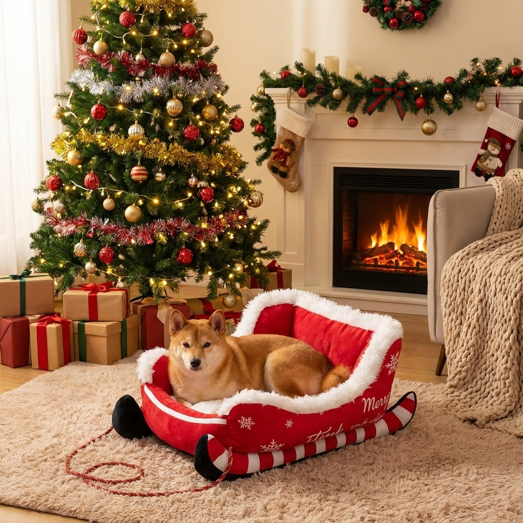Cozy festive sleigh-shaped plush dog bed in red & brown, perfect for holiday comfort. Warm pet bed for small dogs.