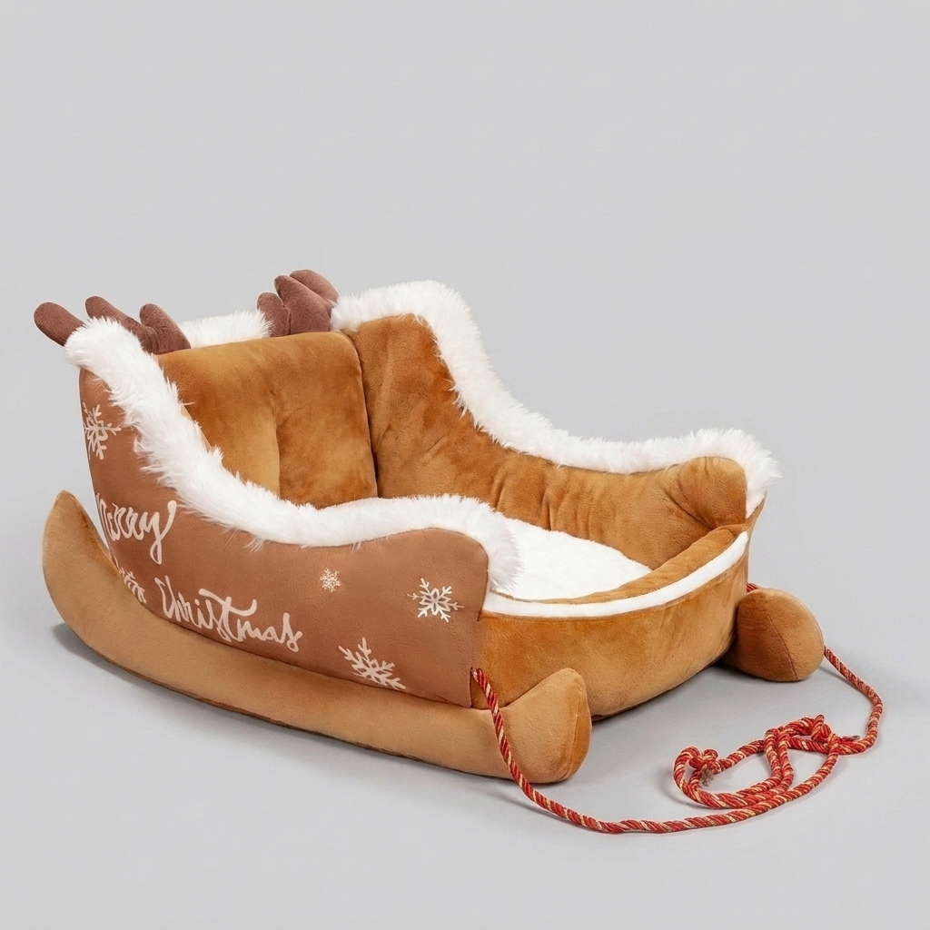 Comfortable sleigh-shaped plush dog bed for holiday seasons. Features a cozy red & brown design, ideal for pets.
