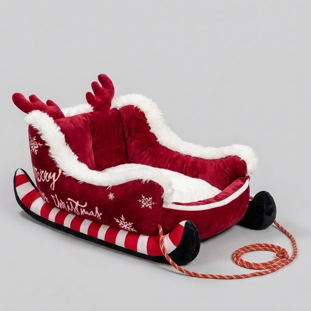 Plush brown & red dog bed, shaped like a festive sleigh, offers cozy comfort for your pet. Warm holiday pet bed.
