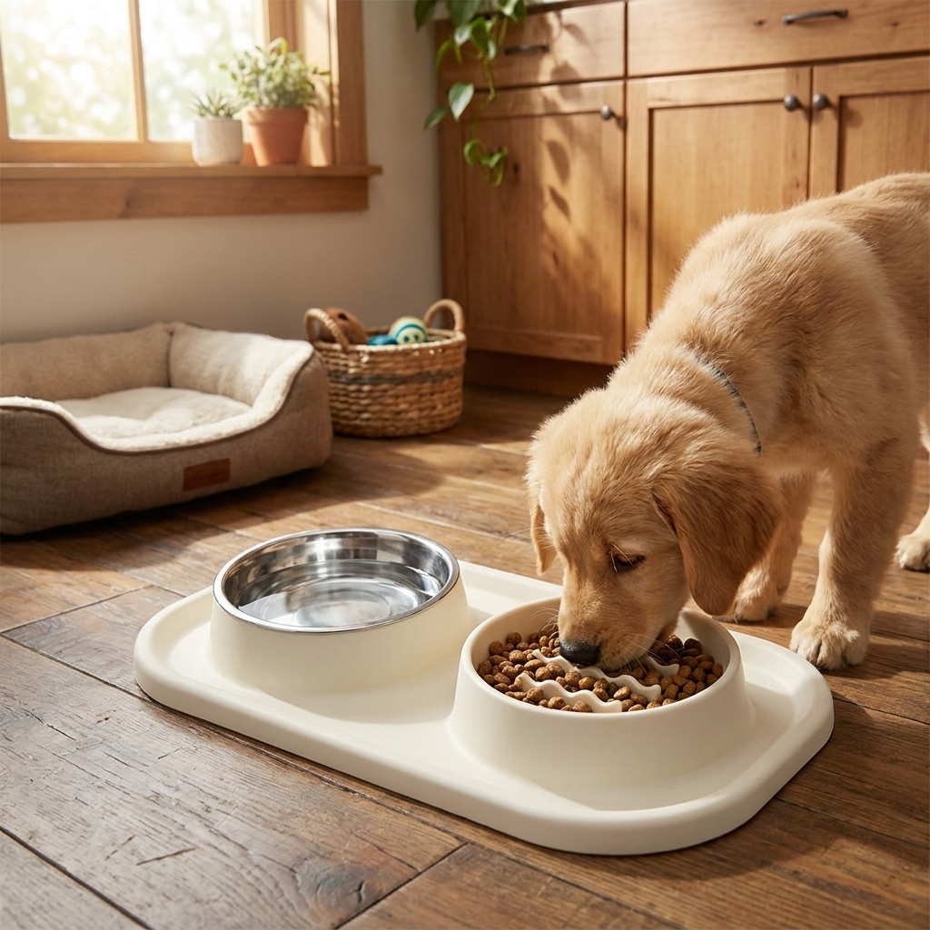 Dual slow feeder pet bowl with stainless steel water dish for dogs & cats. Promotes healthy digestion & hydration.
