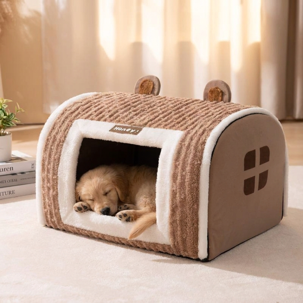 Lomi brown pet kennel for small/medium dogs & cats. Cozy indoor pet house, a comfortable retreat for pets.