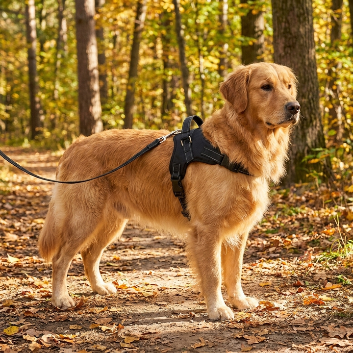 Adjustable dog vest harness and leash set for comfortable walks. Pet accessory for small to large dogs.