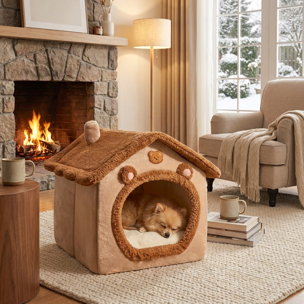 Cozy Bear Pet Cave Bed for small dogs & cats. Plush, secure, washable indoor pet bed with cute bear design.