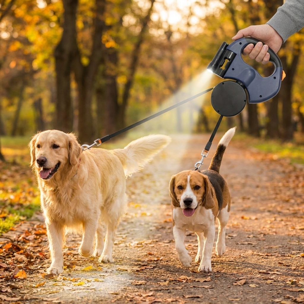 Dual retractable dog leash with integrated LED light for walking two dogs safely at night. Tangle-free pet accessory.