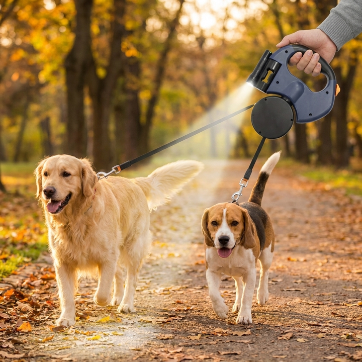 Dual retractable dog leash with integrated LED light for walking two dogs safely at night. Tangle-free pet accessory.