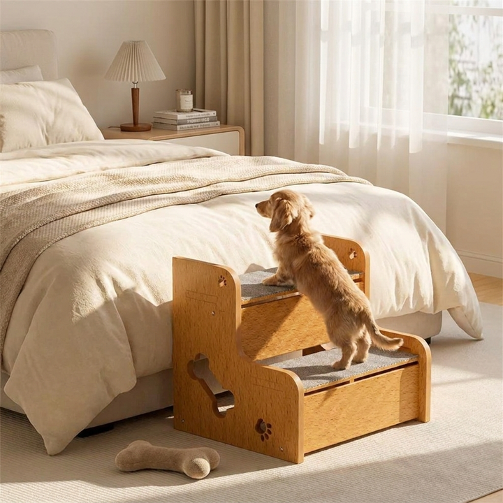 Sturdy wooden pet ramp with non-slip surface, perfect for small dogs & cats, aiding mobility & joint support.