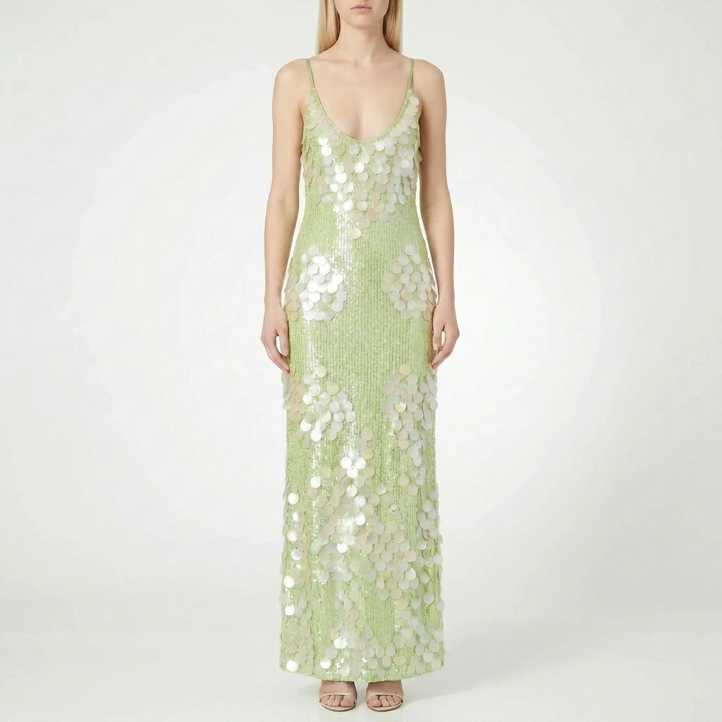 Shimmering green iridescent sequin party maxi dress for women. Dazzling long gown perfect for special occasions & celebrations.