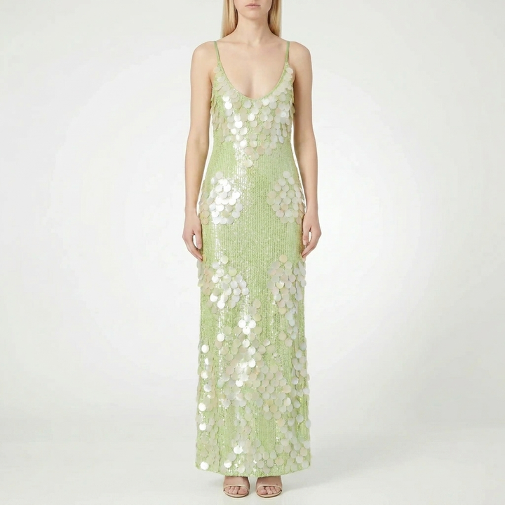Shimmering green iridescent sequin party maxi dress for women. Dazzling long gown perfect for special occasions & celebrations.