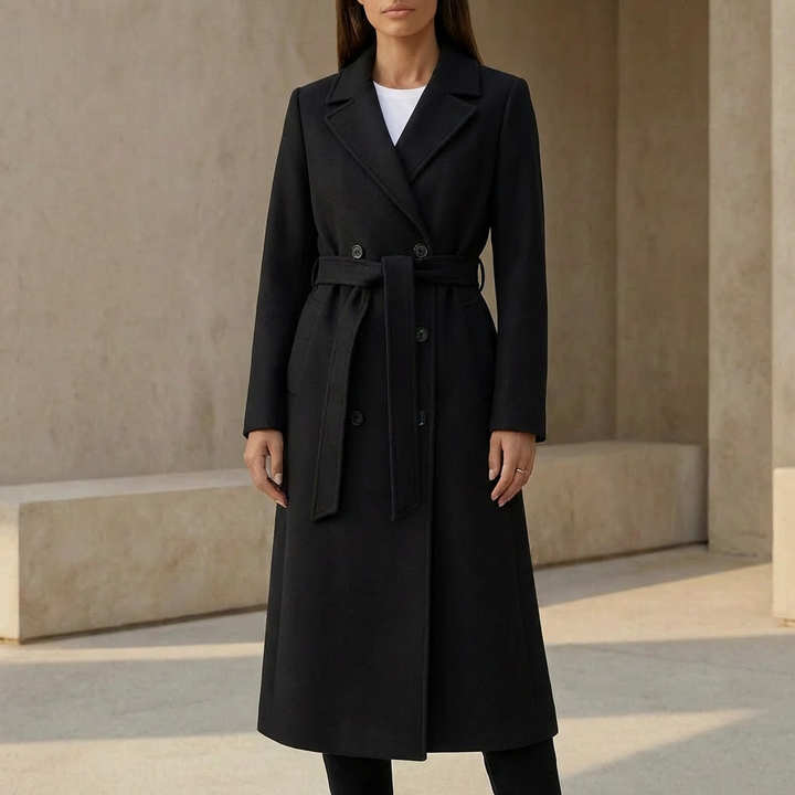 Elegant women's double-breasted belted long coat with notch collar, perfect for fall & winter outerwear.